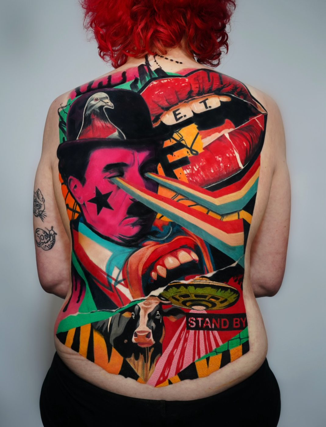 Full back colour bomb mashup tattoo