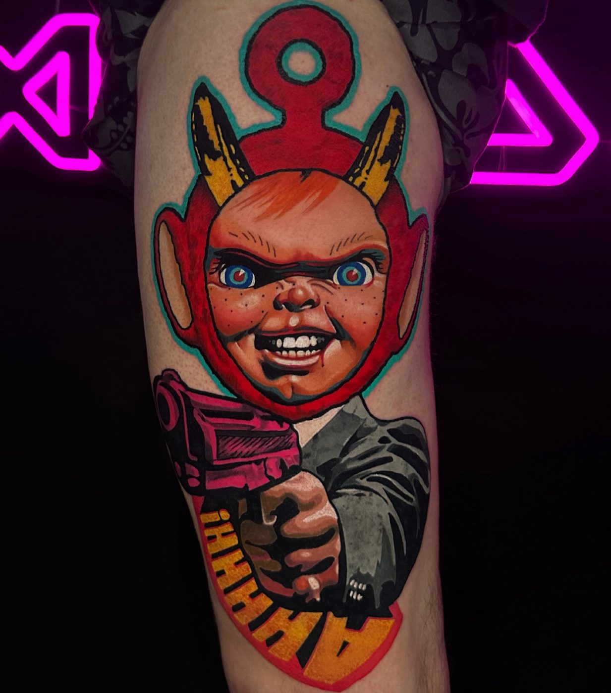 Chucky colour mashup tattoo