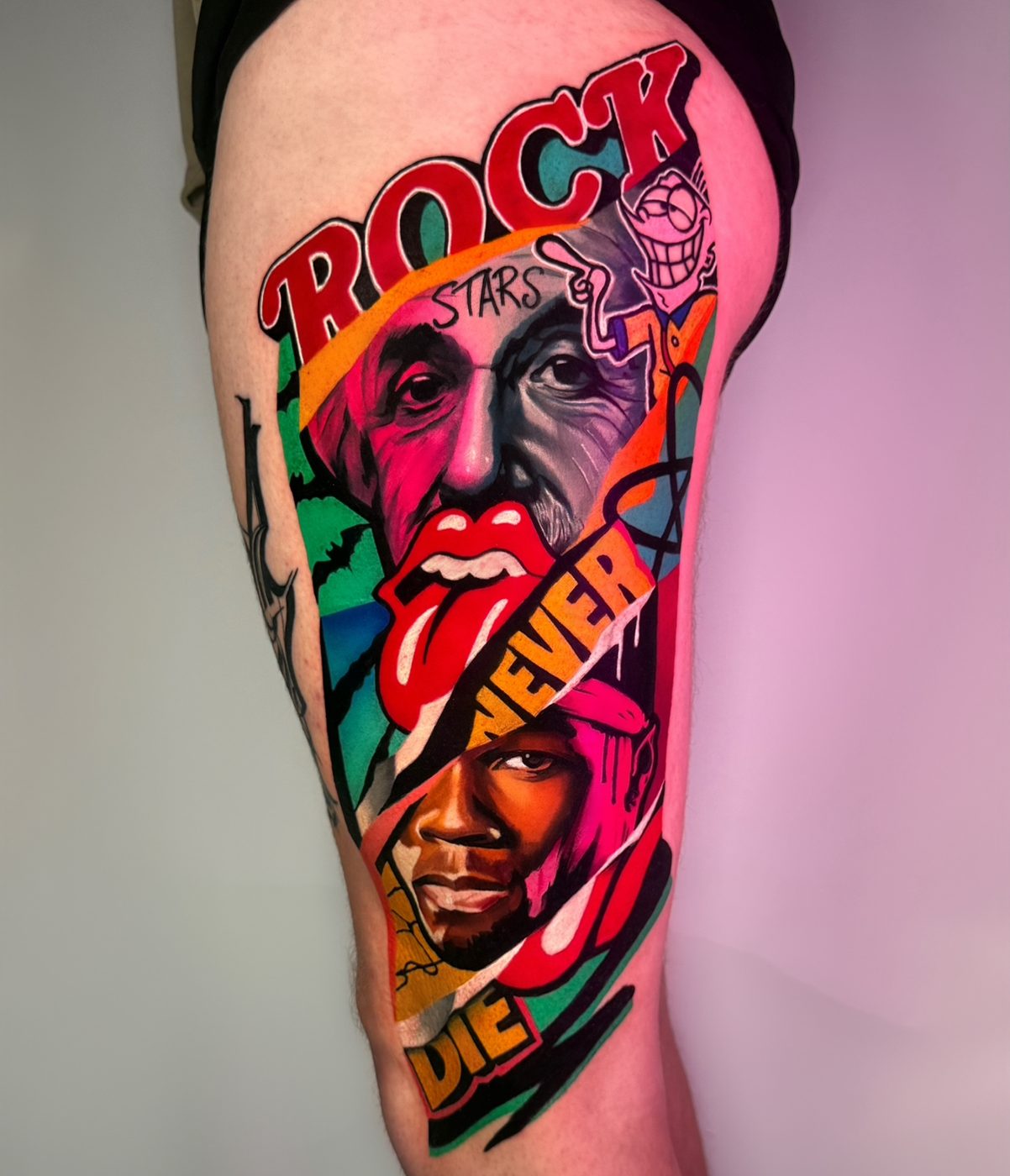 Rock and roll portrait mashup tattoo